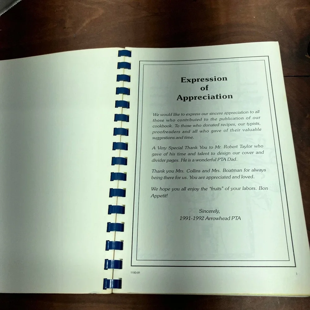 The Cafe Arrowhead 1991-1992 Arrowhead PTA Cookbook Recipes Spiral Bound